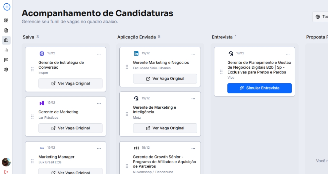 Tela de acompanhamento de candidaturas no modo Kanban